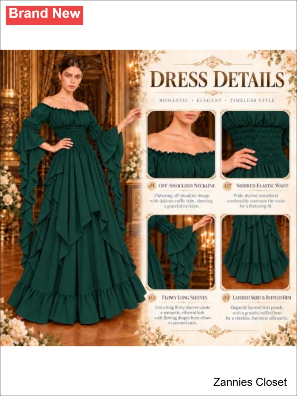 👻 Women Renaissance Witch Dress Puff Sleeve Halloween Costume - Picture 3 of 6